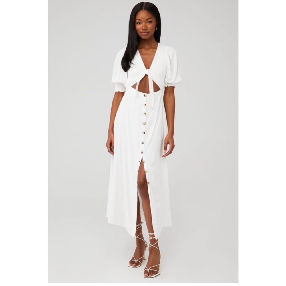 Free People Dress XS Maxi Linen Blend Cutout Puff Sleeve Smocked Lined White